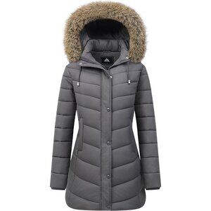Women's Long Winter Dark-grey Puffer Coat Warm Jacket Waterproof Hooded Parka